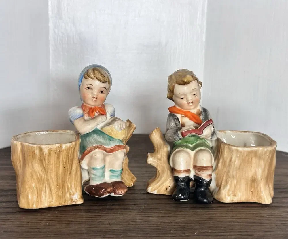 VTG Enesco Little Boy & Girl Read Planter Set 4.5 inch Cottagecore Grandmacore